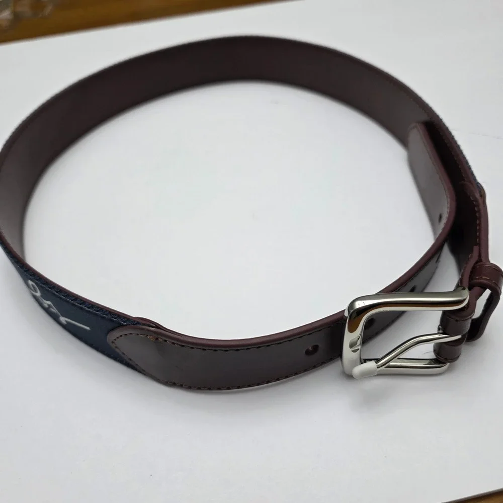 Boston Scott Men's Navy Blue Belt with Brown‎ Leather Trim and Silver Buckle